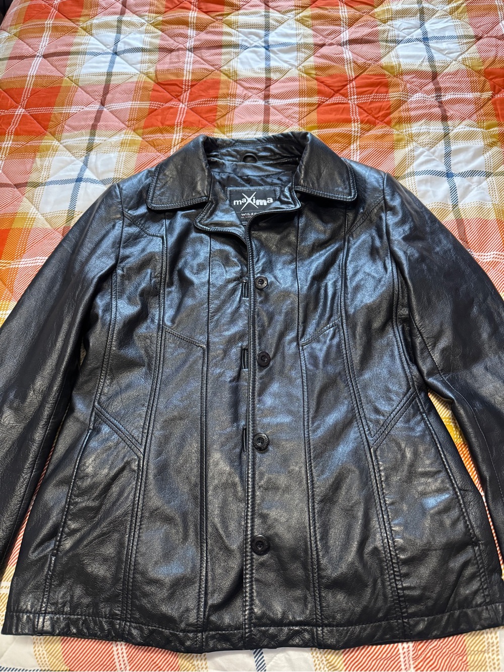 Maxima Black Leather Button-Front Women’s Jacket